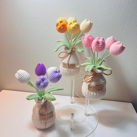 Handmade Crochet Tulip Bouquet in a Woven Vase | Everlasting Gift with a Smile