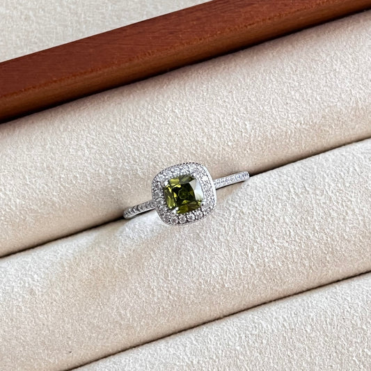 Vintage Olive Green Adjustable Ring – 925 Sterling Silver with Pavé Stones
