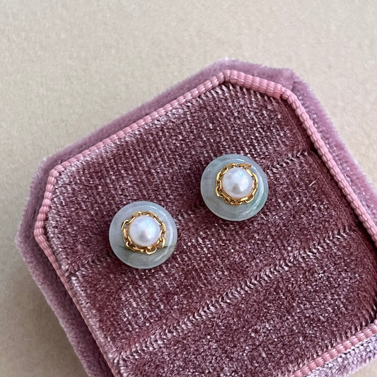 Elegance of the East: Jade, Pearl, and Silver Stud Earrings