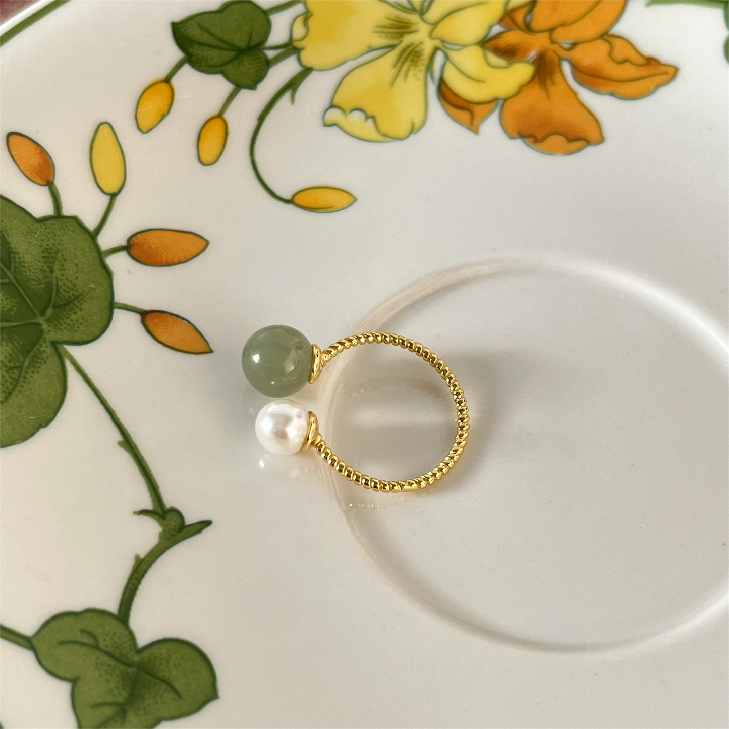 And Tian jade pearl open ring