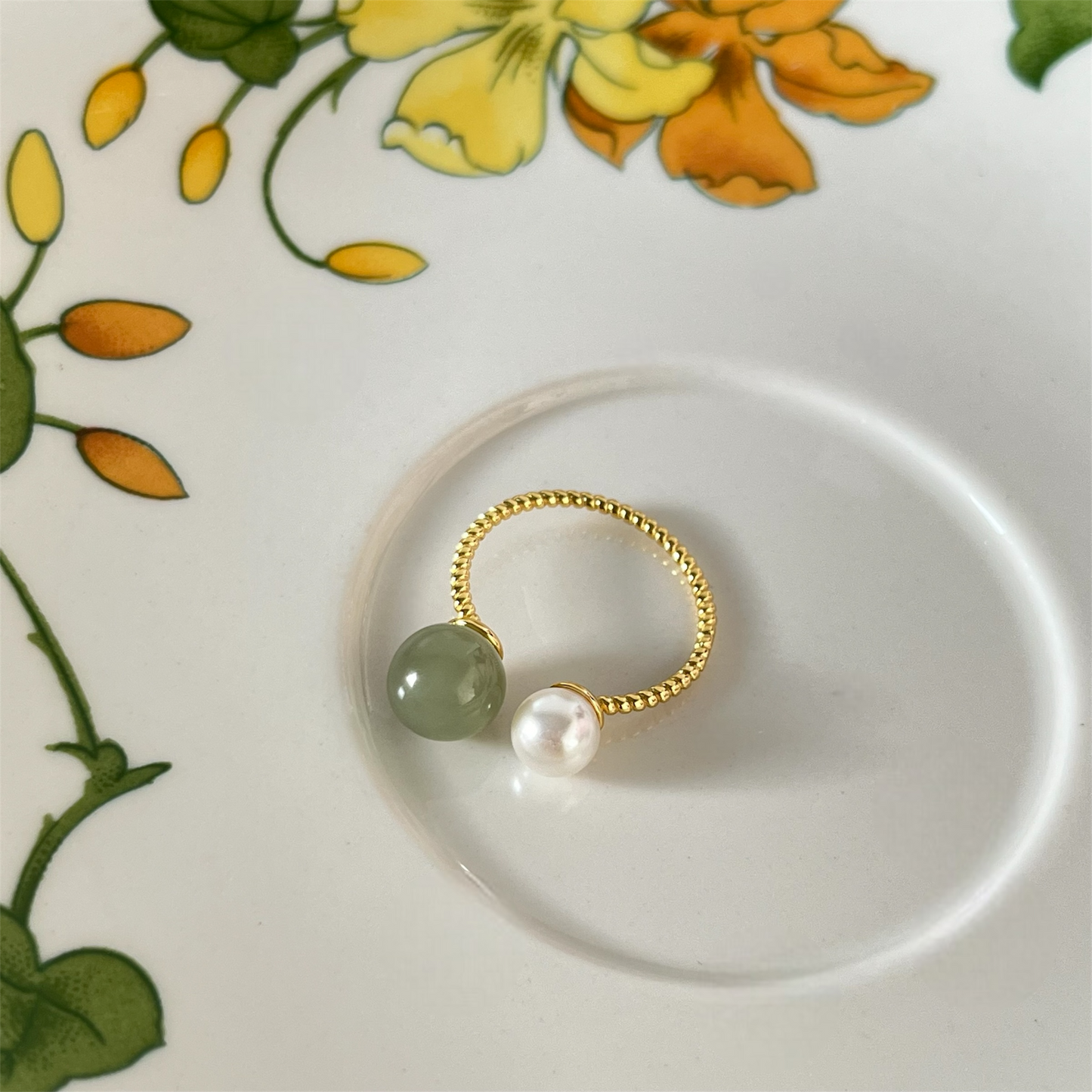 And Tian jade pearl open ring