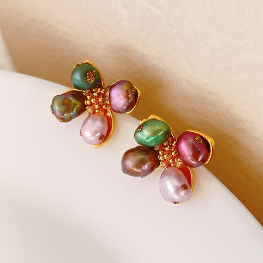 Colored flower pearl earrings