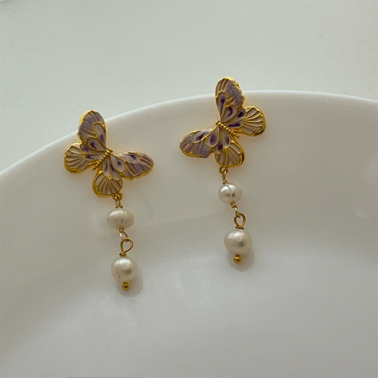 Hand-painted natural pearl butterfly earrings