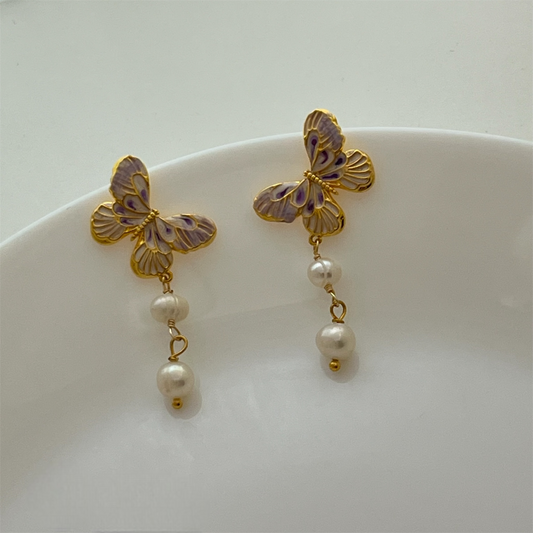 Hand-painted natural pearl butterfly earrings