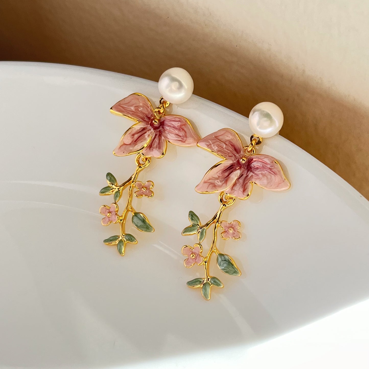 Pearl hand-painted floral earrings